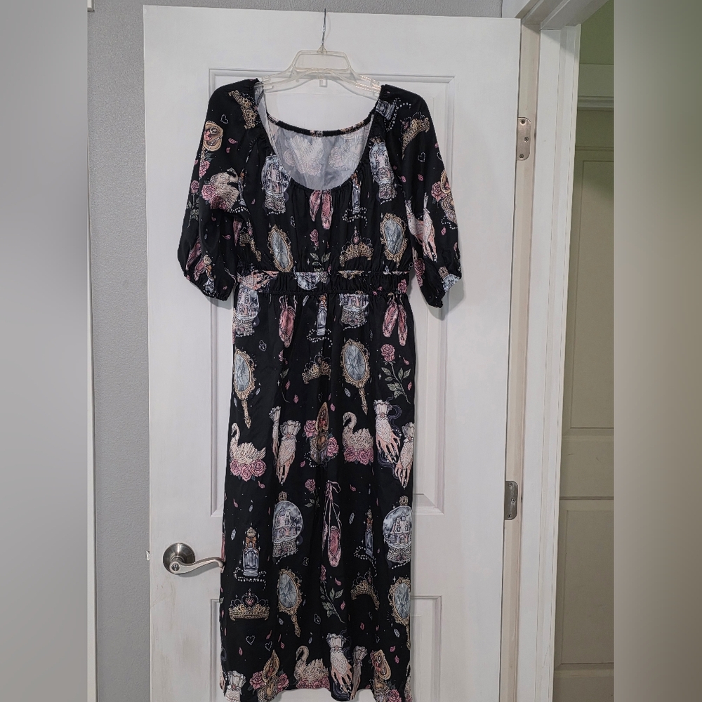 Black Dress with Pink and Blue Pattern